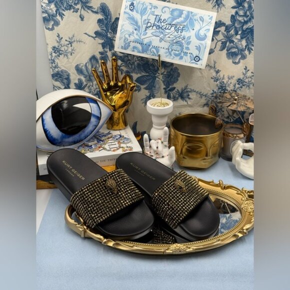 🆕 KURT GEIGER LONDON 🧿 NWOB Meena Eagle Black & Gold Studded Slide, Sz 7.5 - Picture 2 of 11